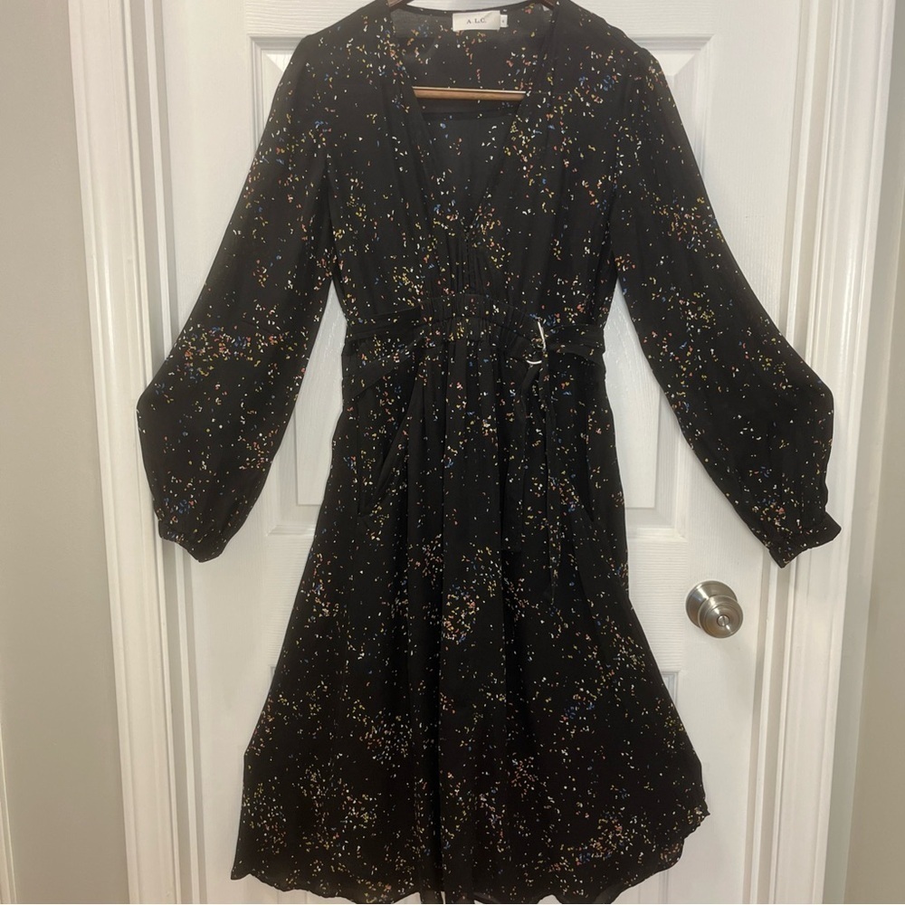 A.L.C Samantha Midi Black Dress with Multicolor Speckles, long Sleeve, 100% silk - Picture 2 of 16